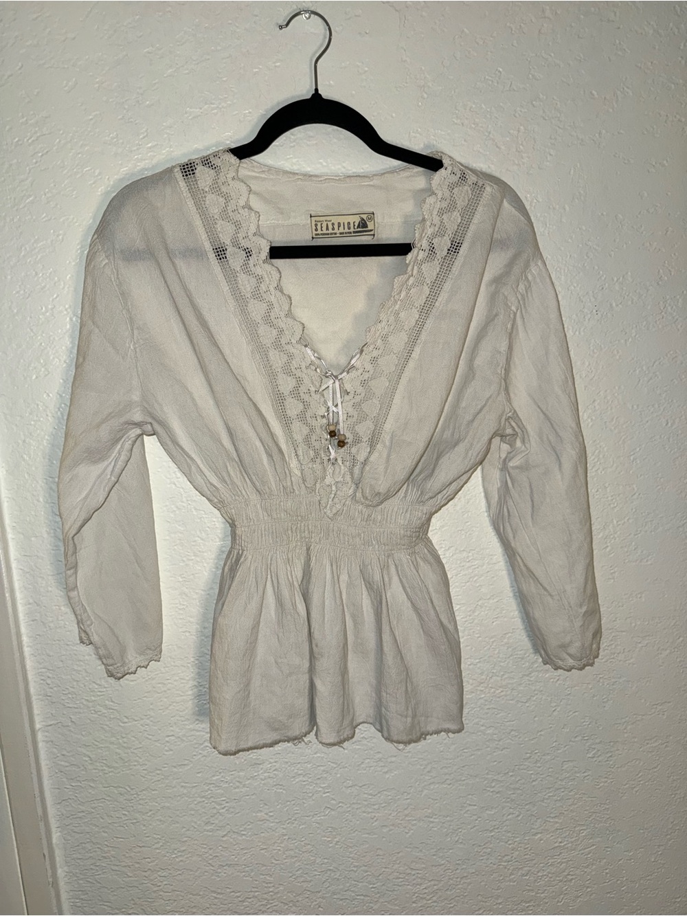 Boho Lace-Trim Smocked Waist Blouse in White